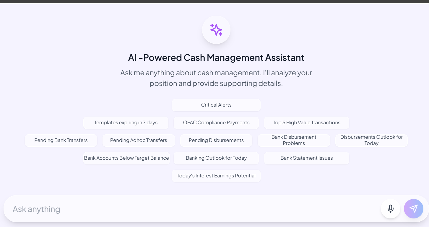 Treasury Ask AI Assistant Product Interface showing natural language prompt, suggested treasury queries, and grounded position details